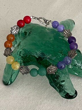 Yoga Chakra Bracelet Real Gemstones with Hamsa Hand Toggle Close